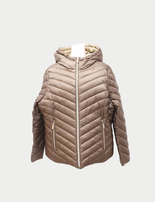 Michael Kors taupe quilted puffer jacket with gold zippers and hood