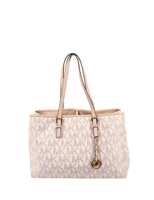 Michael Kors vanilla MK monogram tote bag with beige leather straps and gold logo charm