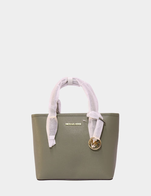 Michael Kors olive green saffiano leather tote bag with gold MK logo charm and dual top handles

