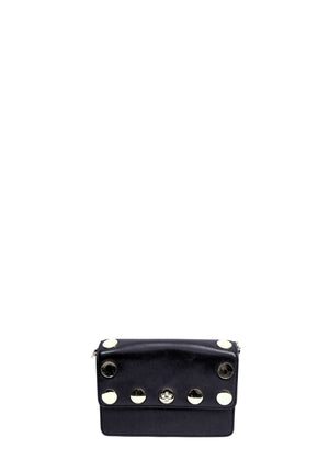 Michael Kors black leather crossbody bag with oversized silver-tone studs, turn-lock flap closure, and adjustable shoulder strap.