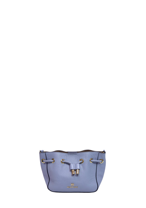 Michael Kors Mercer small pebbled leather drawstring crossbody bag in periwinkle blue with gold-tone hardware and adjustable shoulder strap.
