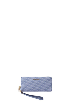 Michael Kors blue monogram zip-around wristlet wallet with signature MK logo print, detachable wrist strap, and gold-tone hardware.