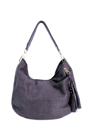 Michael Kors black textured hobo shoulder bag with braided strap, tassel charm, and gold-tone hardware