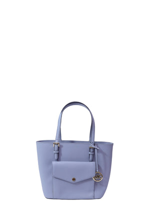 Michael Kors lavender saffiano leather tote bag with dual shoulder straps, front envelope pocket, and gold-tone MK logo charm.