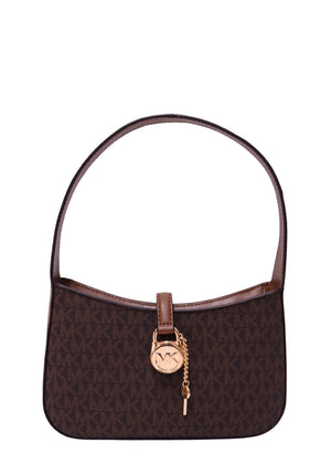 Michael Kors brown signature MK monogram shoulder bag with gold-tone circular logo lock charm and brown leather strap