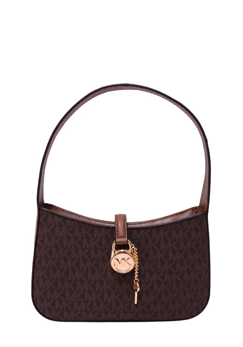 Michael Kors brown signature MK monogram shoulder bag with gold-tone circular logo lock charm and brown leather strap