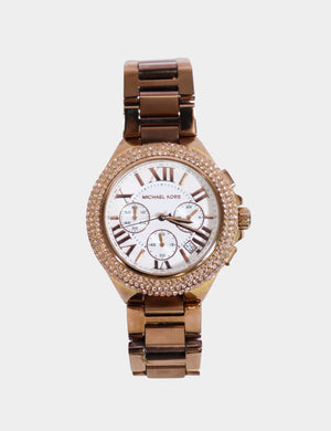 "Michael Kors rose gold chronograph watch with white dial and crystal bezel"

