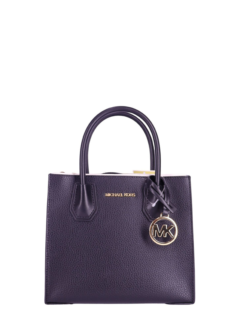 Michael Kors black pebbled leather structured tote bag with top handles, gold-tone logo lettering, and MK charm detail