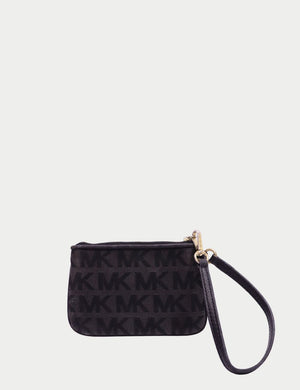 Michael Kors black mini wristlet with MK monogram print and detachable leather strap

