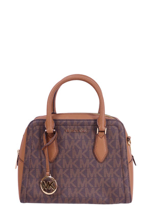 Michael Kors brown monogram satchel bag with camel leather handles and gold MK charm