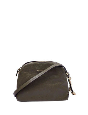 Michael Kors olive green pebbled leather crossbody bag with gold hardware and zip closure