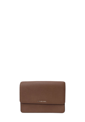 Michael Kors brown saffiano leather crossbody bag featuring a structured flap silhouette, gold-tone logo detail, and minimalist design