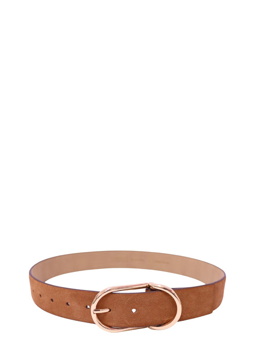 Michael Kors tan suede leather belt with a polished gold-tone oval buckle