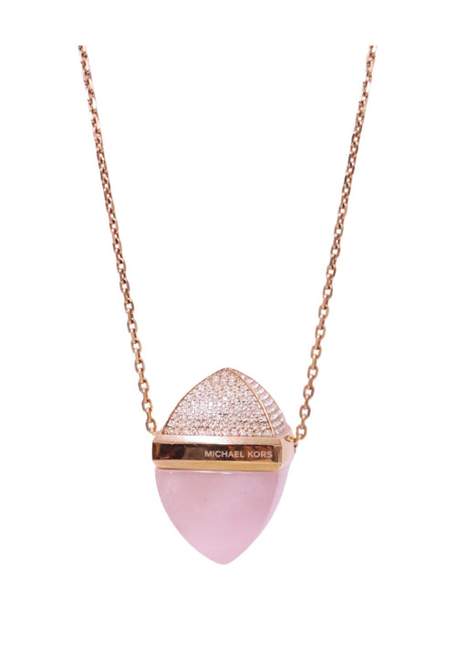 Authentic Michael Kors gold-tone necklace featuring a rose quartz pendant with crystal pavé detailing.
