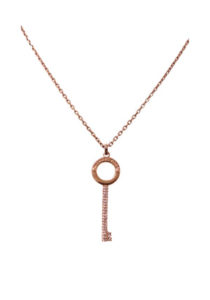 Authentic Michael Kors rose gold-tone necklace featuring a crystal pavé key pendant suspended from a signature logo ring.