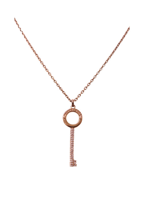 Authentic Michael Kors rose gold-tone necklace featuring a crystal pavé key pendant suspended from a signature logo ring.
