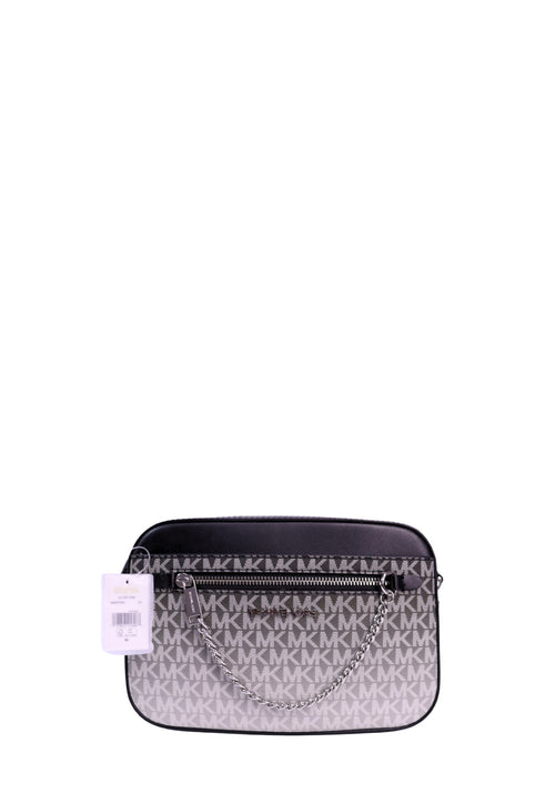Michael Kors grey and white MK logo-print camera crossbody bag with black leather trim, silver-tone chain detail, front zip pocket, and adjustable shoulder strap