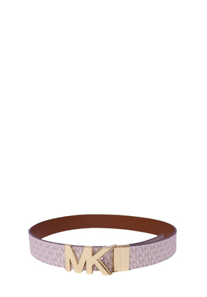 Authentic Michael Kors reversible belt featuring the iconic vanilla MK Signature monogram canvas, polished gold-tone MK logo buckle, and smooth tan leather reverse.