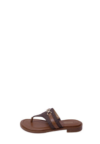 Michael Kors brown monogram thong sandals with gold-tone MK logo hardware and flat slip-on design