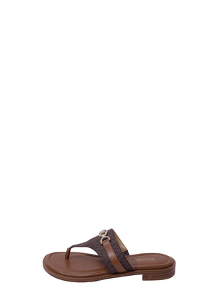 Michael Kors brown monogram thong sandals with gold-tone MK logo hardware and flat slip-on design