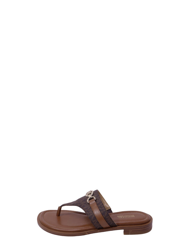 Michael Kors brown monogram thong sandals with gold-tone MK logo hardware and flat slip-on design