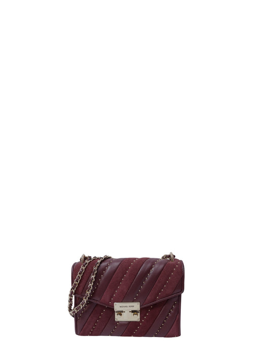 Michael Kors burgundy leather and suede shoulder bag with gold-tone studs, chain strap, and front lock closure