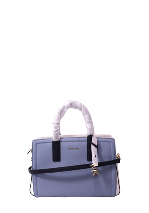 Michael Kors light blue leather satchel bag with gold-tone hardware, zip-top closure, and double top handles