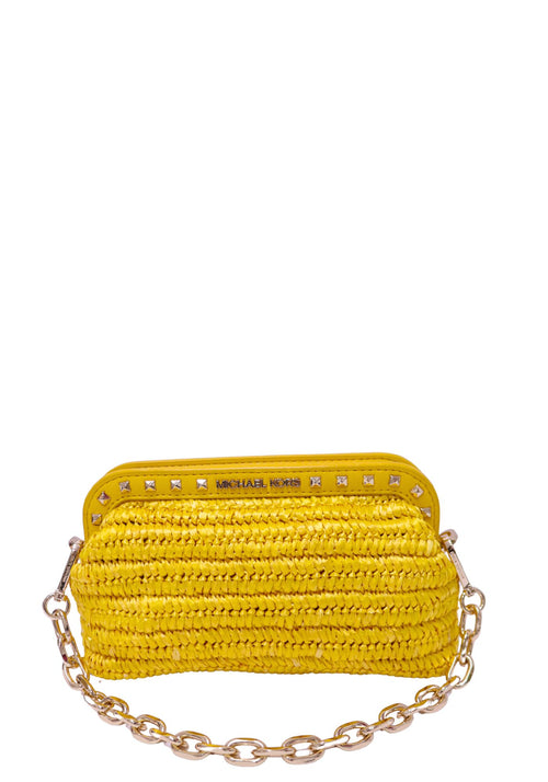 Michael Kors yellow woven crossbody bag with gold-tone chain strap and studded trim