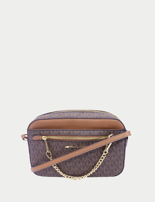 Michael Kors brown monogram crossbody bag with gold chain strap and front zip pocket