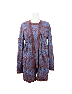 Blue and brown zigzag knit two-piece set by Missoni featuring longline open-front cardigan and matching top