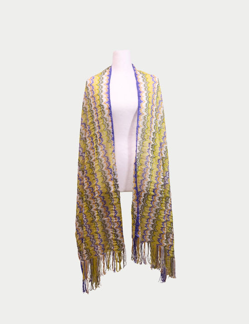 Missoni Yellow & Blue Zigzag Scarf – Knit designer scarf with chevron pattern and fringe edges