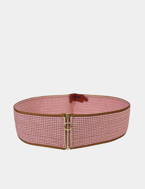 Missoni pink and brown woven wide belt with front gold zipper and circular pull

