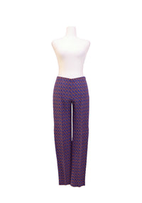 Missoni women's wide-leg knit pants featuring the brand's signature zigzag pattern in vibrant shades of blue and orange