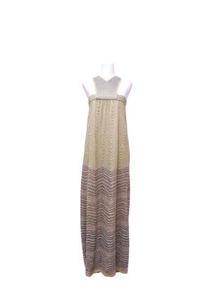 Authentic Missoni metallic knit halter maxi dress in beige, cream, taupe, and grey signature zigzag pattern.