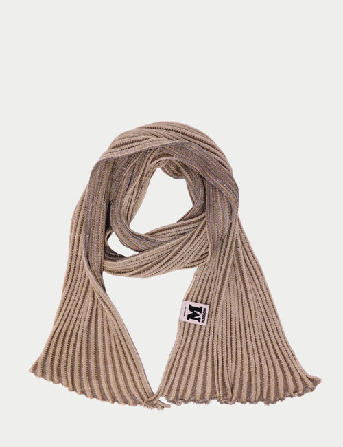 Missoni beige metallic ribbed shimmer scarf with logo tag and scalloped edges

