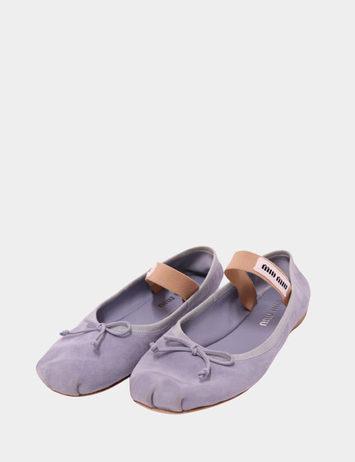 Miu Miu baby blue suede ballerina flats with elastic logo strap and bow detail

