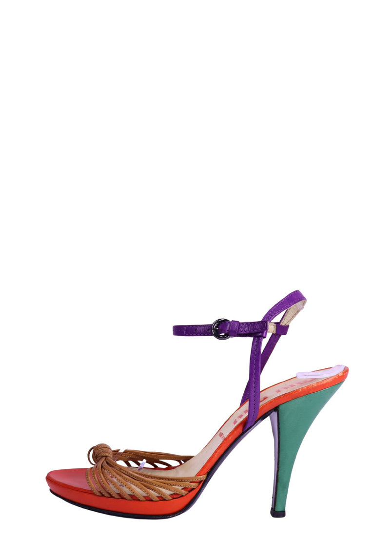 Miu Miu multicolor leather heeled sandals with purple ankle strap and knotted front detail