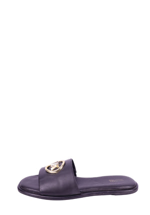 Michael Kors black leather slide sandals with gold MK logo detail