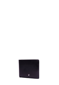 Montblanc black leather bifold wallet featuring smooth leather construction, slim profile, and the iconic Montblanc emblem on the front