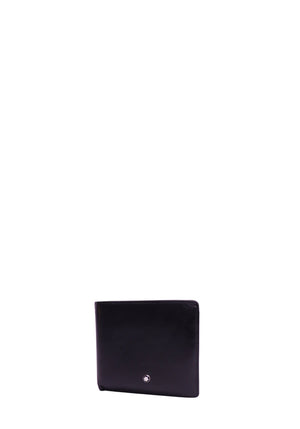 Montblanc black leather bifold wallet featuring smooth leather construction, slim profile, and the iconic Montblanc emblem on the front