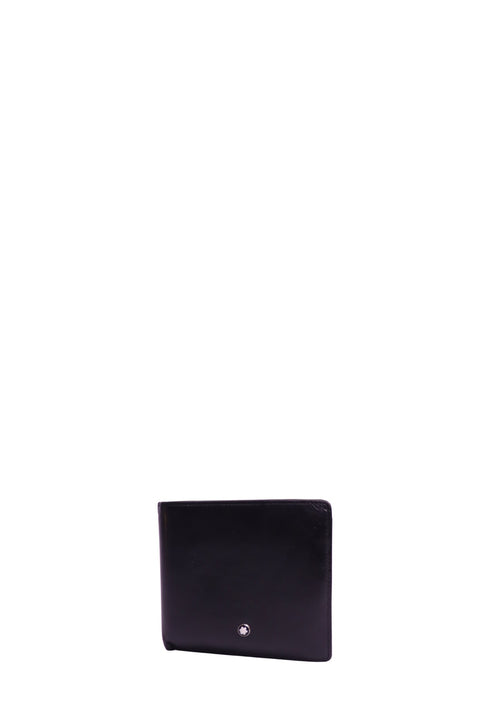 Montblanc black leather bifold wallet featuring smooth leather construction, slim profile, and the iconic Montblanc emblem on the front