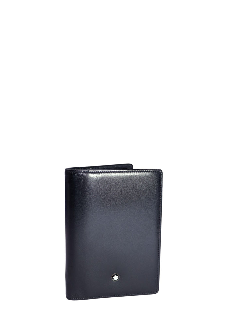 Montblanc black leather organizer with a sleek bi-fold design, smooth polished finish, and the iconic Montblanc emblem on the front