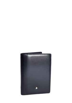 Montblanc black leather organizer with a sleek bi-fold design, smooth polished finish, and the iconic Montblanc emblem on the front