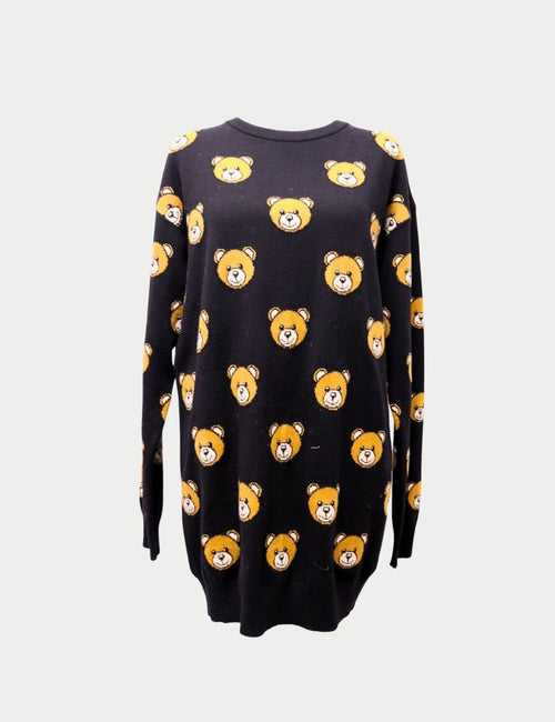 Moschino black knit sweater dress featuring all-over teddy bear motif