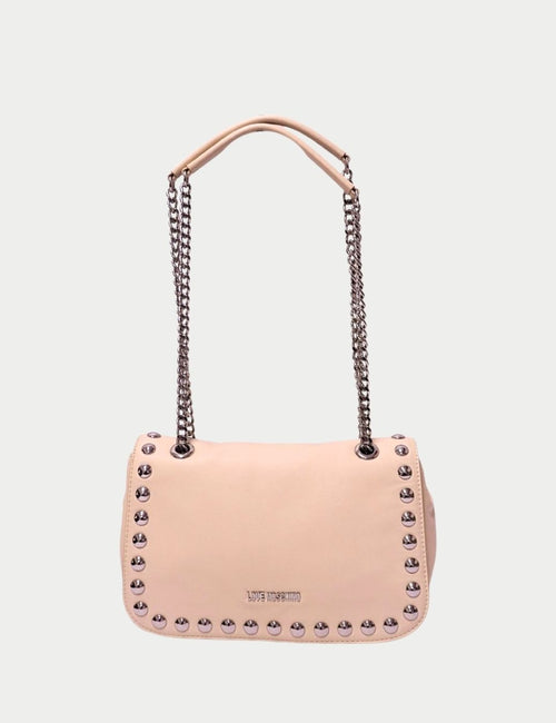 Love Moschino nude flap shoulder bag with silver stud trim and chain straps