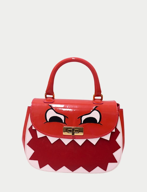 Moschino Cheap & Chic Red Patent “Dino” Bag with Cartoon Eyes and White Teeth Motif