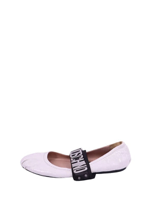 Moschino white patent ballerina flats with logo strap detail