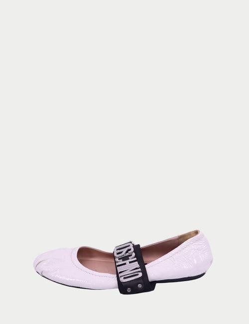 Moschino white patent ballerina flats with logo strap detail