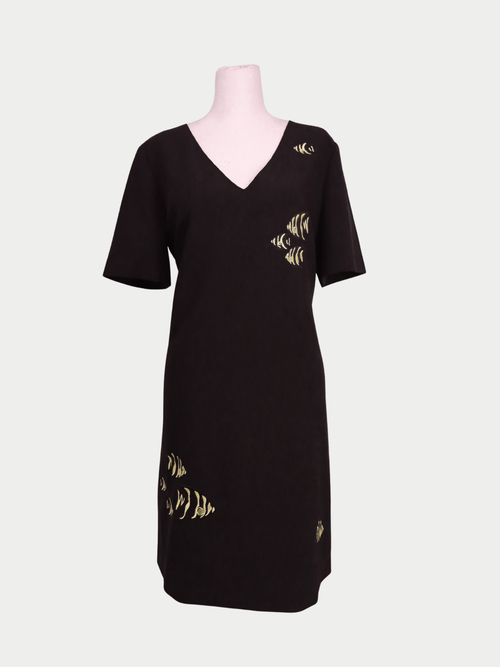 Moschino black V-neck shift dress with short sleeves and gold fish print details