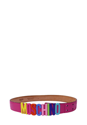 Moschino pink leather belt with oversized multicolor logo lettering